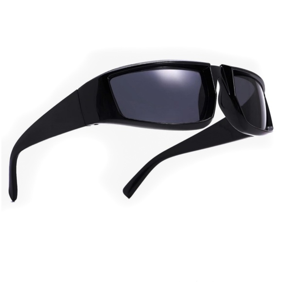 Black Y2K Trendy Wrap Around Silver Futuristic Unisex Rave Party Fashion Glasses - Picture 1 of 5
